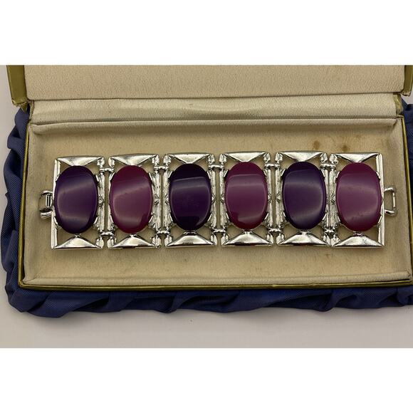 Vtg Bracelet Estate Signed DAM Lucite Chunky Runway Pink Purple 7” Heavy - Picture 2 of 14